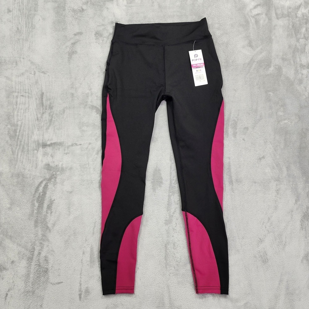NEW POP Fit Leggings Womens M Black Pink Colorblock Pockets Ankle Gym Workout